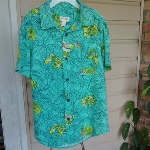 Cat & Jack Green Dinosaur Print Hawaiian Shirt Youth M(8/10)